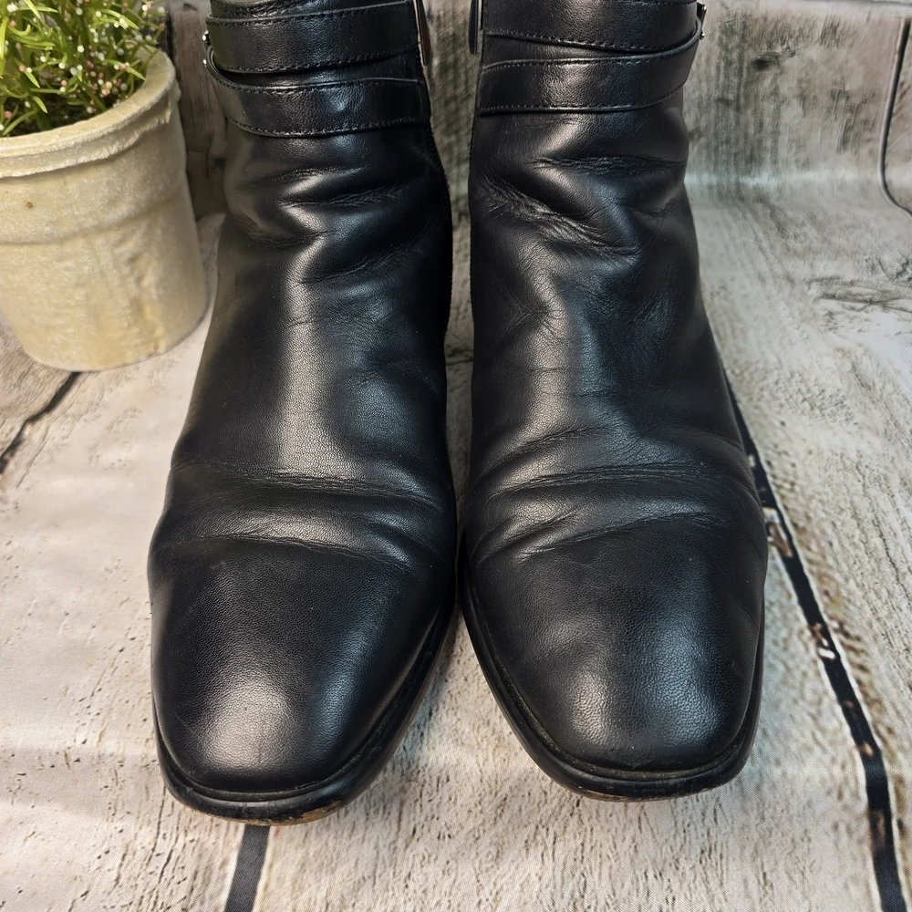 J. JILL BLACK LEATHER WOMENS ANKLE BOOTS SIDE ZIP ROUND TOE BUCKLE 9.5